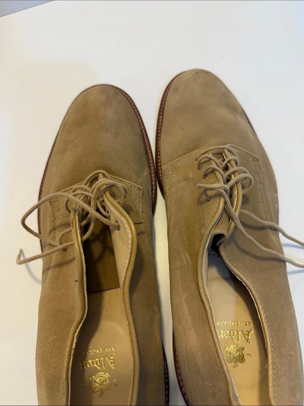Alden Plain Toe Blucher Flex Welt Tan Suede Sz 12.  New/Flawed.  Tub10